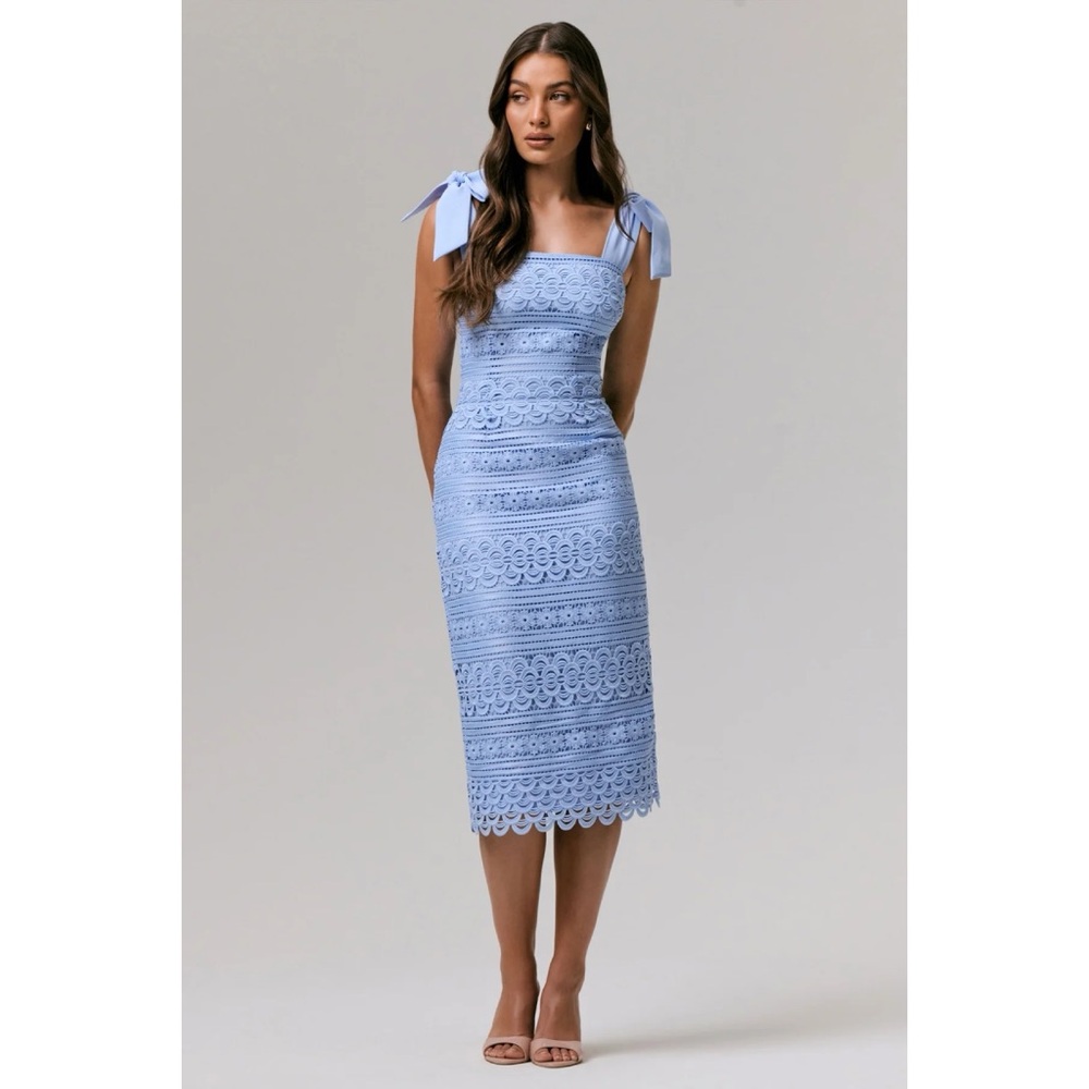 Tie-Shoulder Lace Midi Dress in Light Blue